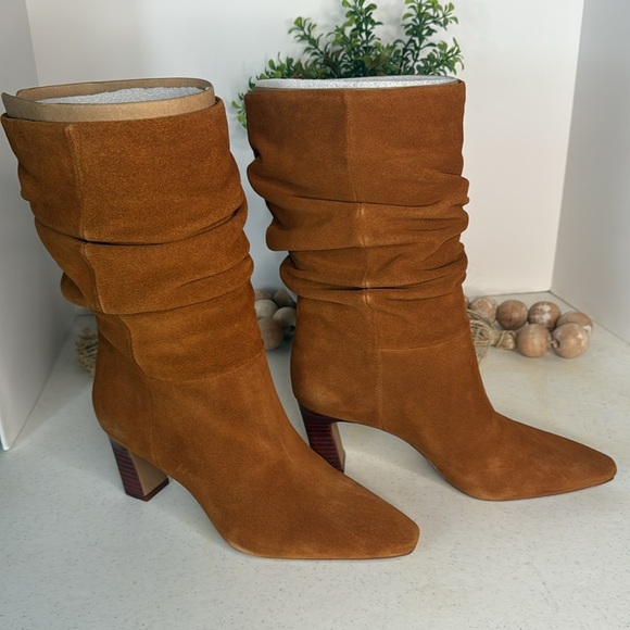 Vince Camuto Suede Ruched Mid-Shaft Boots - Skylar Size 8 Golden Walnut - Picture 11 of 13